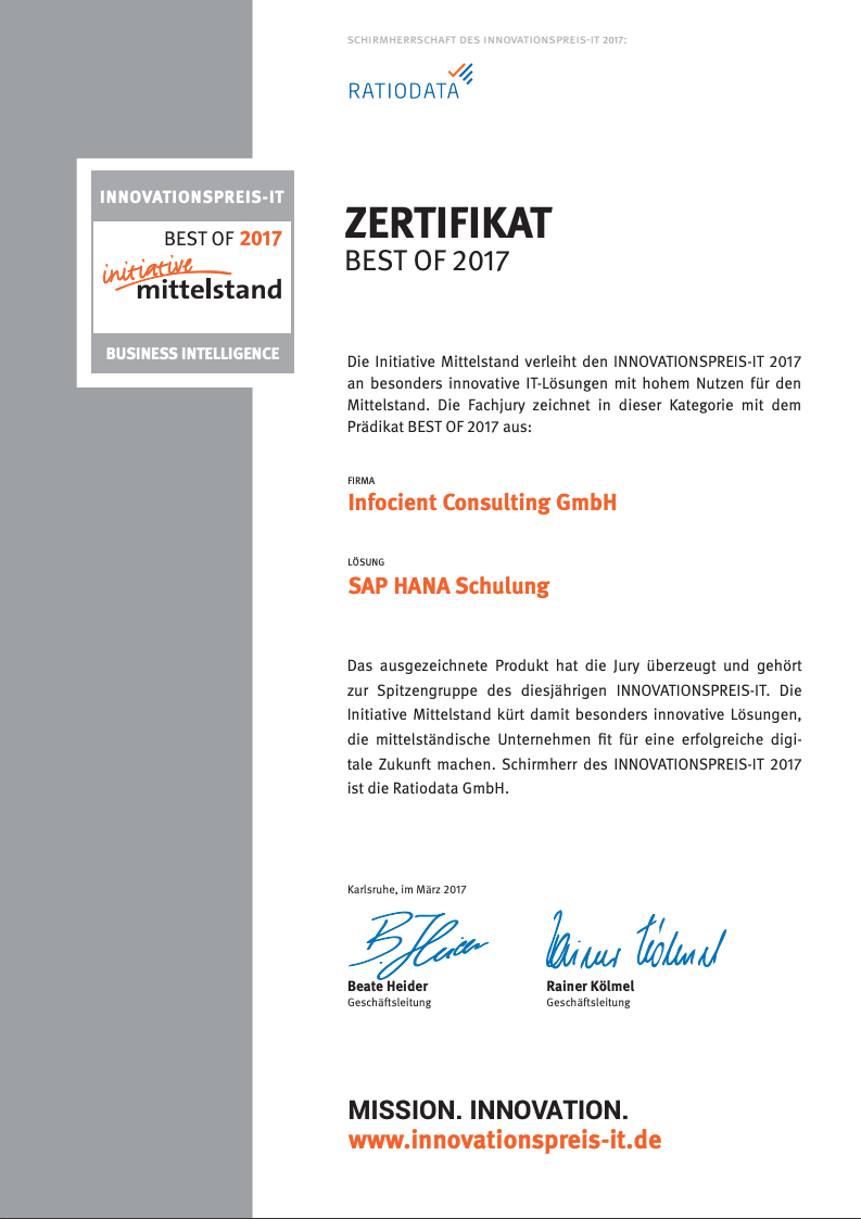 Zertifikat IT Innovationspreis 2017 - SAP HANA Schulung
