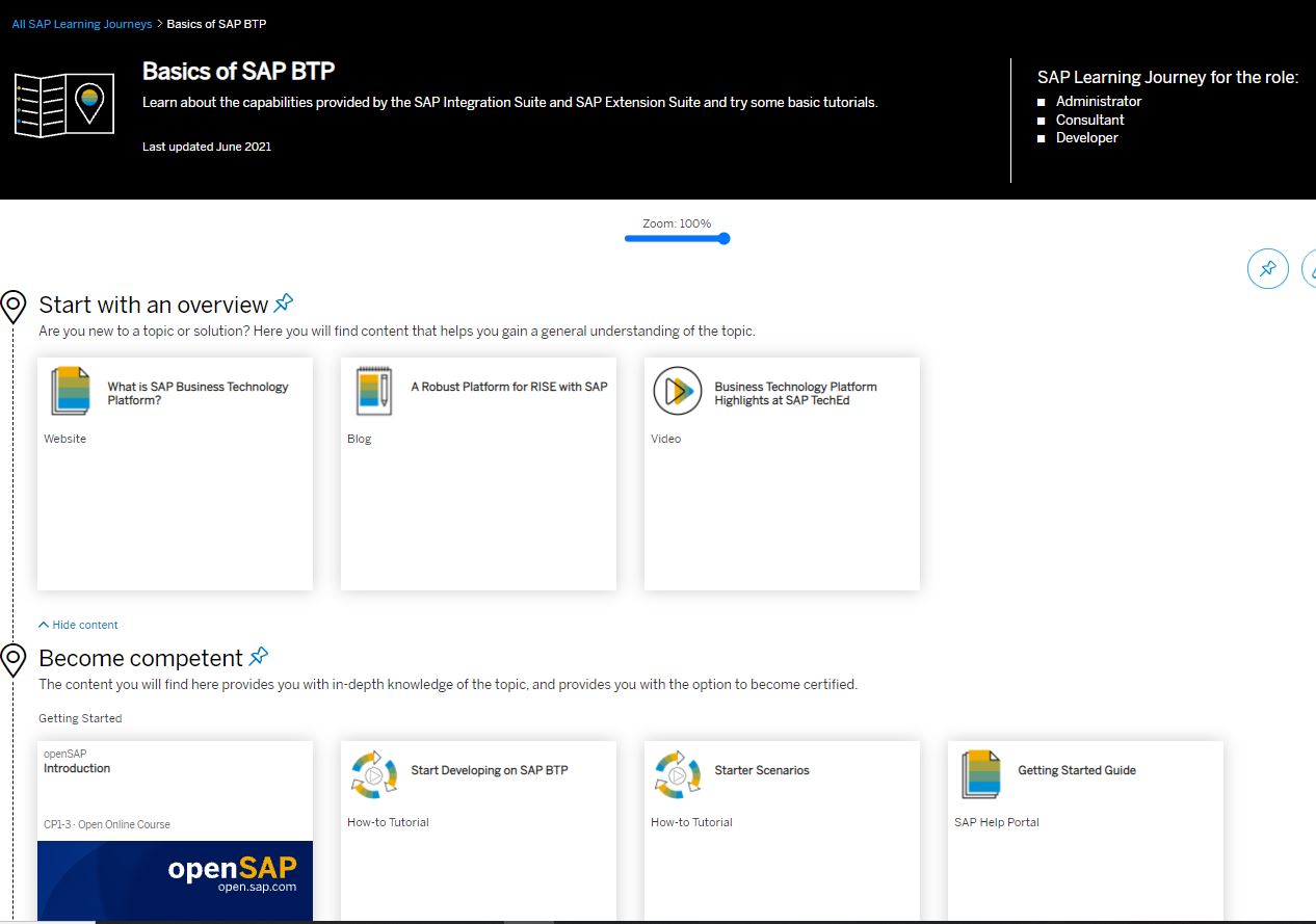 Screenshot der SAP BTP Learning Journey
