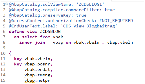 CDS Views Beispiel für den Join von VBAK und VBAP in einer CDS View, der nur durch Code oder Script erzeugt wird