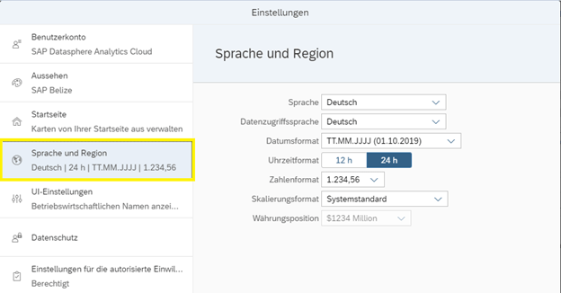 SAP Datasphere Sprache und Formate einstellen 2