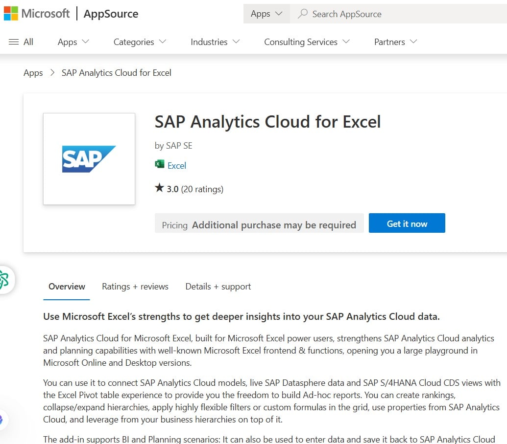 SAC Excel Add-In App Store