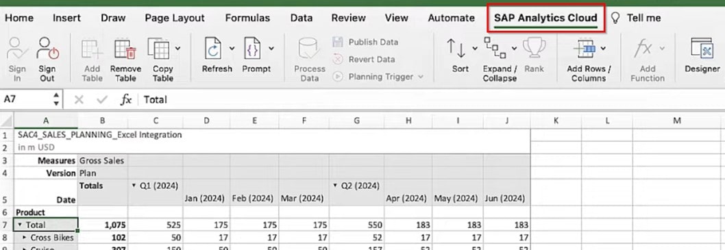 SAC Excel Add-In Integrierter Reiter